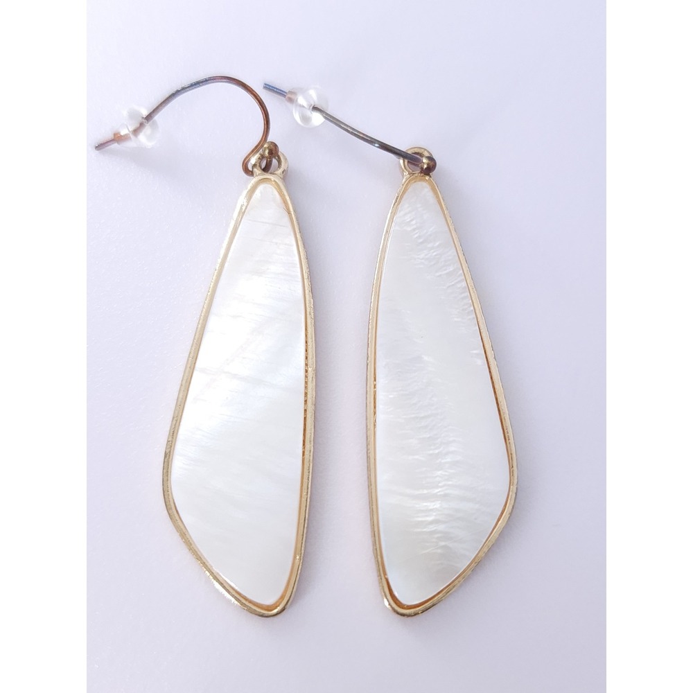 Mother of Pearl Inlay Drop Earrings White Gold Wing Minimal Boho Coastal‎ Luxury - Picture 2 of 11